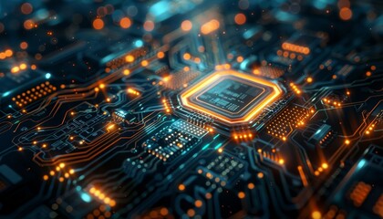 Poster - Futuristic digital technology background with metallic textures and glowing elements.