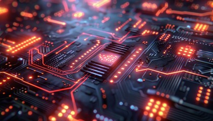 Poster - Futuristic digital technology background with metallic textures and glowing elements.