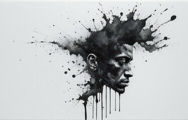 Wall Mural - abstract painting of an angry and stressed male face in black ink, on a white background