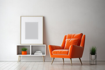 Wall Mural - A lively orange accent chair against a light grey rug, amidst contemporary white shelves showcasing elegant objects, a blank white frame mockup hanging on the wall.