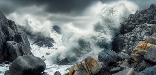 Wall Mural - A dramatic view of a rocky coastline with powerful waves crashing against the boulders, sending spray into the air, under a stormy gray sky.