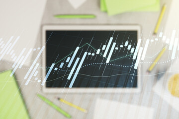 Poster - Multi exposure of abstract creative financial chart and digital tablet on background, top view, research and analytics concept