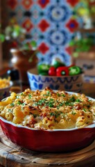 Baked macaroni and cheese in a red dish with colorful background and fresh vegetables on a wooden table, perfect for comfort food imagery.