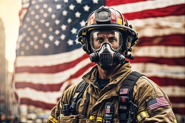 A portrait Firefighter in Full Gear, Ready for Action on 9/11 Anniversary, with blur background is american flag behind waving in city