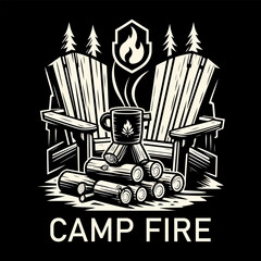 Poster - campfire engraving black and white outline bonfire clipart drawing vector