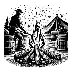 Canvas Print - campfire engraving black and white outline bonfire clipart drawing vector