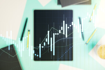 Poster - Multi exposure of abstract creative financial graph and modern digital tablet on background, top view, forex and investment concept
