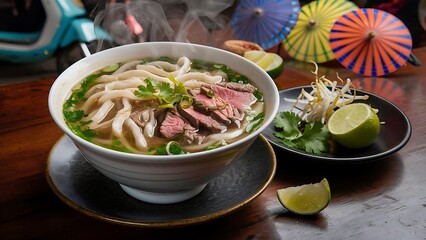 A mouth-watering food photography of a traditional Vietnamese Pho dish