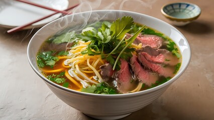 A mouth-watering food photography of a traditional Vietnamese Pho dish