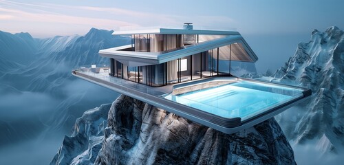 Wall Mural - A futuristic cabin isolated on a mountain peak, featuring a rooftop swimming pool with transparent floors and walls. 