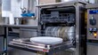 © horizon - A commercial kitchen dishwasher machine with its door open, displaying clean plates and cutlery, highlighting the role of industrial cleaning equipment in food service settings.