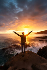 Wall Mural - Man standing on rock with his arms outstretched in front of the sun.