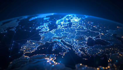Poster - Futuristic digital globe focused on Europe, showcasing bright lights and lines representing data exchange and connectivity, highlighting advanced cyber technology