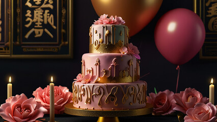 Wall Mural - 3D rendering of birthday cake with candles, balloons, bright lights bokeh and balloons


