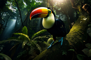 Wall Mural - Toucan bird with colorful beak on branch.