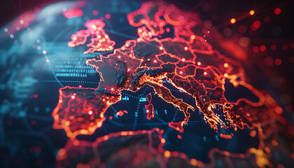 Poster - Advanced digital globe focusing on Europe, featuring illuminated lines and points representing global network connections and data transfer, emphasizing cyber technology