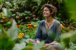 © Skip Monday - A woman smiling as she practices mindfulness meditation in a peaceful garden, surrounded by colorful flowers and lush greenery.