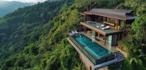 Wall Mural - A high-definition aerial shot of a secluded cabin on a verdant mountain, featuring a swimming pool with a glass bottom, offering views of the forest below. 