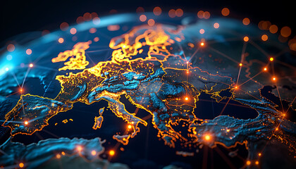 Poster - Advanced digital globe focusing on Europe, featuring illuminated lines and points representing global network connections and data transfer, emphasizing cyber technology