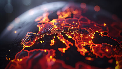 Poster - Advanced digital globe focusing on Europe, featuring illuminated lines and points representing global network connections and data transfer, emphasizing cyber technology