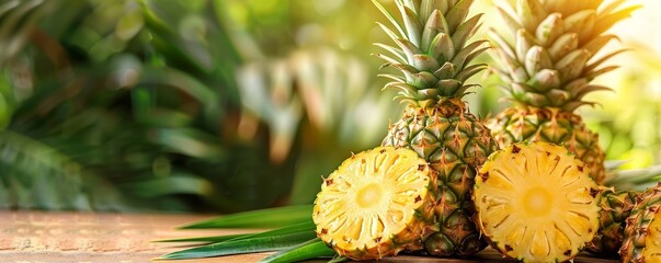 Wall Mural - Tropical pineapple with green leaves, whole and sliced, juicy yellow flesh, beach background, refreshing and exotic, summer vibes, natural light, copy space.