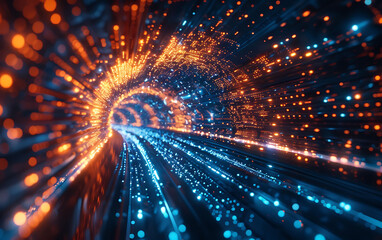 Poster - Futuristic digital scene depicting rapid data transfer and connectivity, with a tunnel of blue and orange lights conveying the motion and speed of cyber technology