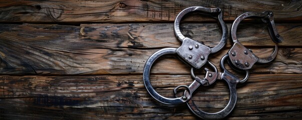 Handcuffs on wooden table, close-up, symbol of law enforcement, criminal justice concept, serious and authoritative, isolated background, copy space.