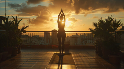 A woman practicing yoga on a rooftop terrace at sunrise, greeting the day with positivity and mindfulness.