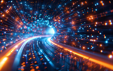 Aufkleber - Futuristic digital scene depicting rapid data transfer and connectivity, with a tunnel of blue and orange lights conveying the motion and speed of cyber technology