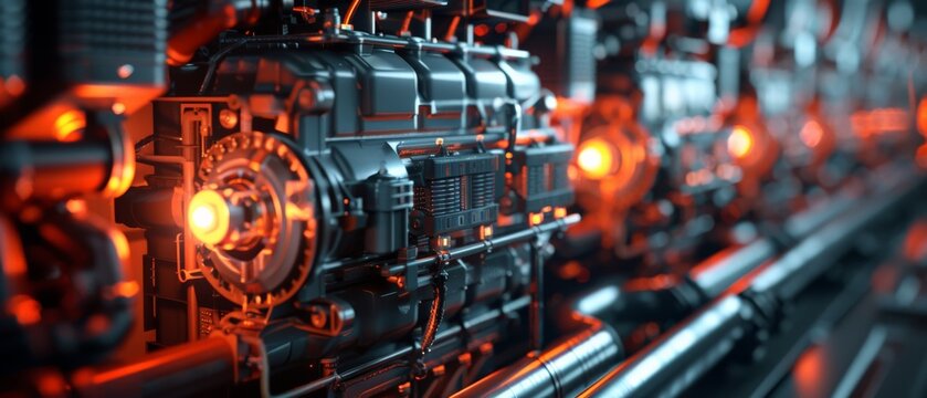 The image is depicting a close-up of a complex machinery with glowing red lights.