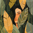 © carlos Restrepo - A woman hiding behind large leaves with simple shapes earth tones sage green colors Illustration