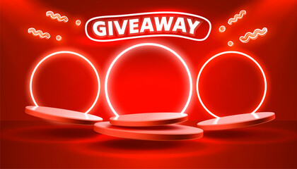 Wall Mural - Giveaway neon podium, shop mega discount, special promo frame. Vector illustration