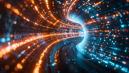 Poster - Abstract visual of high-speed broadband connectivity, showcasing a dynamic tunnel of blue and orange lights, representing the rapid flow of data and advanced digital technology