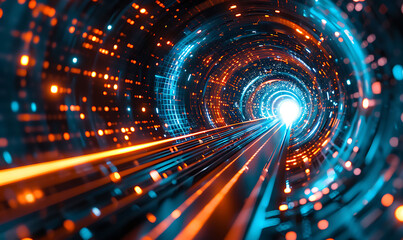 Poster - Vivid abstract depiction of a digital data tunnel, with bright blue and orange lights creating a sense of motion and high-speed connectivity, highlighting futuristic cyber technology