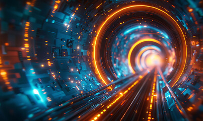 Poster - Vivid abstract depiction of a digital data tunnel, with bright blue and orange lights creating a sense of motion and high-speed connectivity, highlighting futuristic cyber technology