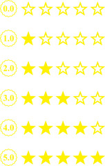 0 to 5 star rating, rate us, review vector icon set isolated on white background. icons for game, rating, ui, feedback, website.  Product rating or customer review with gold full and half star 