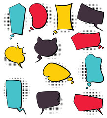 Wall Mural - Comic colored hand drawn speech bubbles. Set retro cartoon stickers. Funny design vector items illustration. Comic text sound effects in pop art style