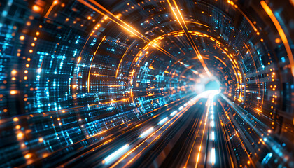 Aufkleber - Abstract visual of high-speed broadband connectivity, showcasing a dynamic tunnel of blue and orange lights, representing the rapid flow of data and advanced digital technology