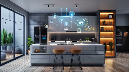 Wall Mural - A sophisticated and modern living space equipped with advanced smart home technology, featuring interactive holographic displays and seamless integration of digital interfaces 