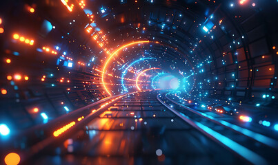 Poster - Abstract and futuristic image representing global data exchange, featuring a tunnel-like effect with vibrant blue and orange lights, emphasizing high-speed data transfer and advanced technology