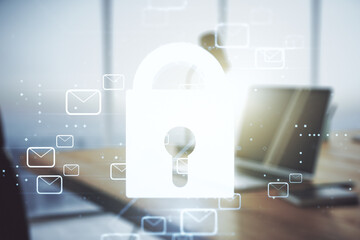 Poster - Creative lock sketch with email symbols hologram on modern laptop background, protection of personal data concept. Multiexposure