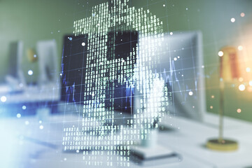 Poster - Creative Bitcoin concept with modern computer background. Double exposure