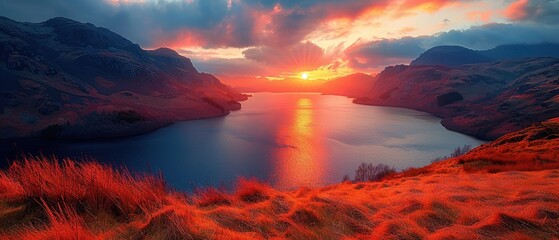 Wall Mural - Beautiful landscape of sunset over the lake and mountains