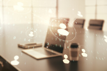 Poster - Double exposure of social network icons concept with modern laptop on background. Marketing and promotion concept
