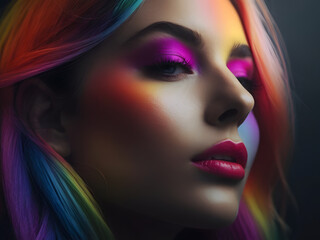 Wall Mural - a woman with rainbow colored hair and a rainbow colored eye shadow