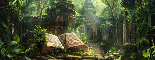 A fantasy open book with vines growing on it, set in an ancient temple surrounded by lush greenery. The scene is bathed in soft natural light filtering through the dense foliage of surrounding trees a