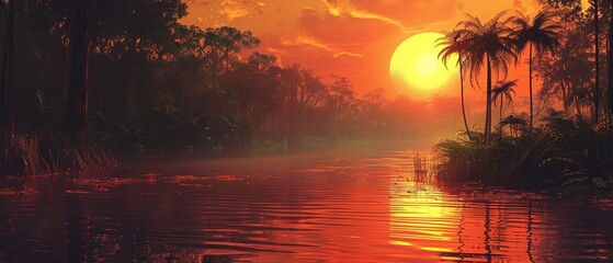 Wall Mural - Beautiful sunset over the river with palm trees. Swamp with palm trees at sunset in the background