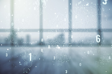Aufkleber - Multi exposure of abstract creative coding sketch and world map on empty corporate office background, artificial intelligence and neural networks concept