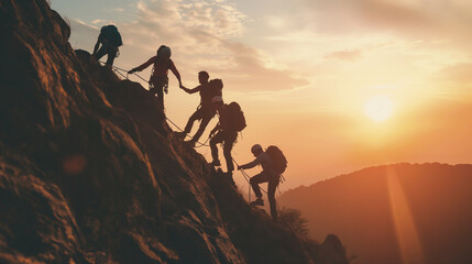 サポートして助け合い山を登るチームワーク team work support each other and climb mountains