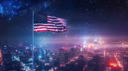 Patriotic american flag night skyline city lights independence day celebration photo